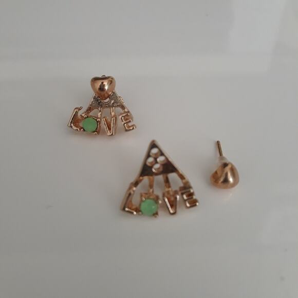 2- in-1 Heart Love Earrings Gold Green Lobe Cuff - Picture 6 of 9